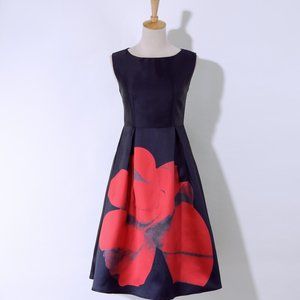 50s-Inspired Navy Rose Print Swing Dress
